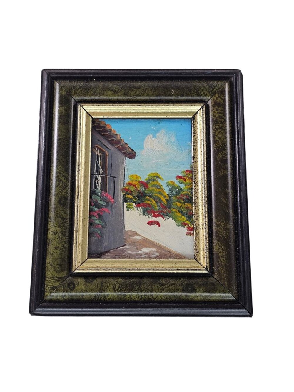 Miniature Framed Painting Cottage Scene Trees Flowers 4.75" x 4" Vintage Art